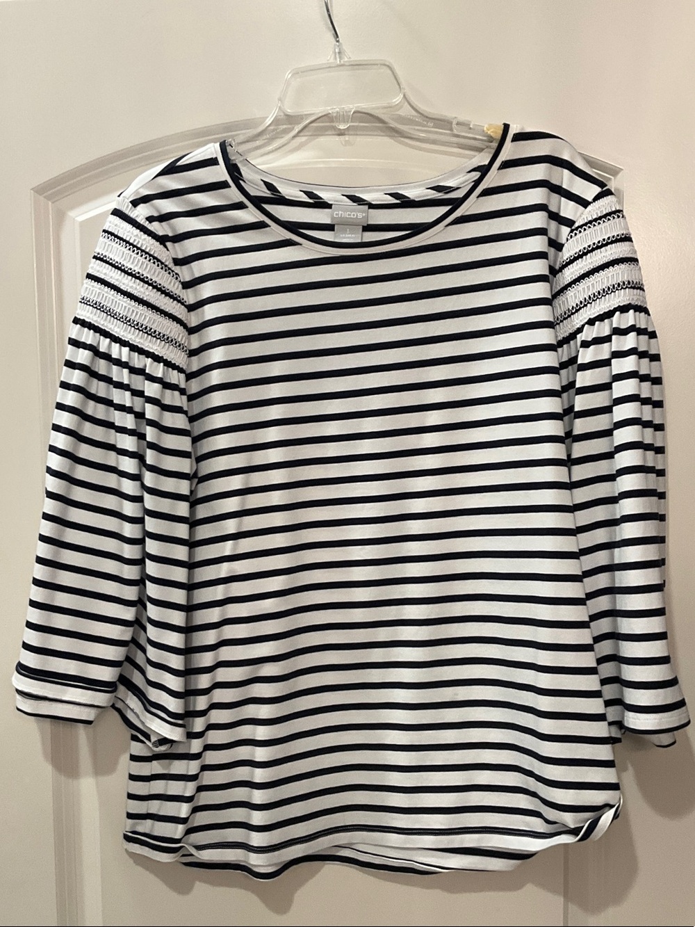 Chico's Black & White Striped Smocked-Sleeve Top
